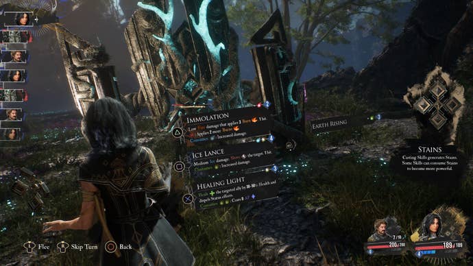 Clair Obscur: Expedition 33 screenshot showing a female character in combat with a menu of skills next to her