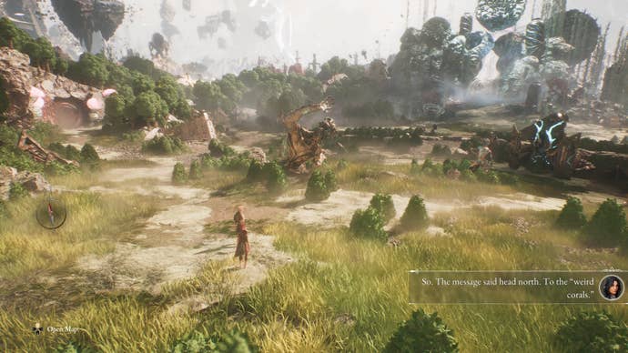Clair Obscur: Expedition 33 screenshot showing players walking through an open field on a world map with a surreal world in the background