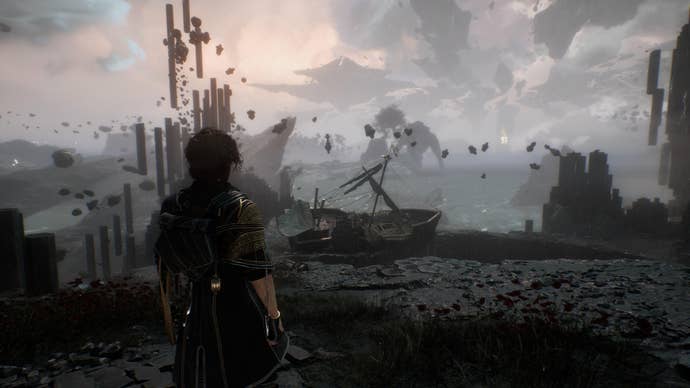 Clair Obscur: Expedition 33 screenshot showing male character walking through an abstract shipyard of broken boats