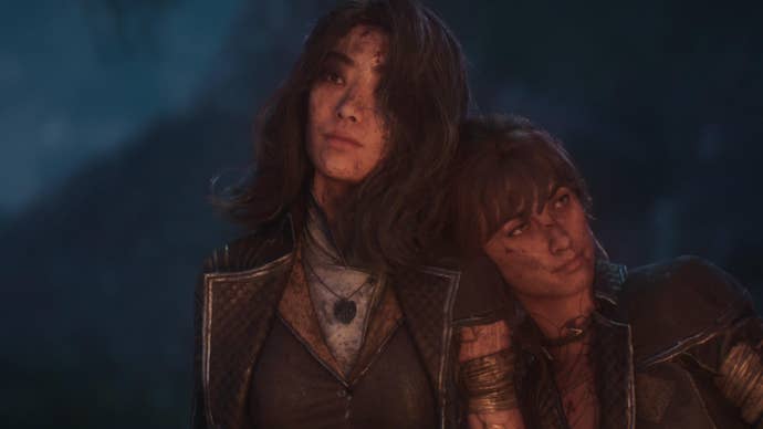 Clair Obscur: Expedition 33 screenshot showing two female characters leaning on each others' shoulders