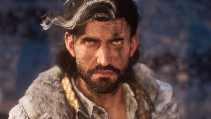 Clair Obscur: Expedition 33 screenshot showing close up of bearded man with white streak in his hair