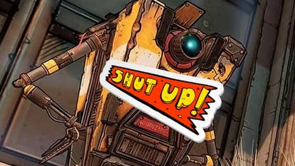 Claptrap from the Borderlands game series with a cartoon shut up sign over his mouth area