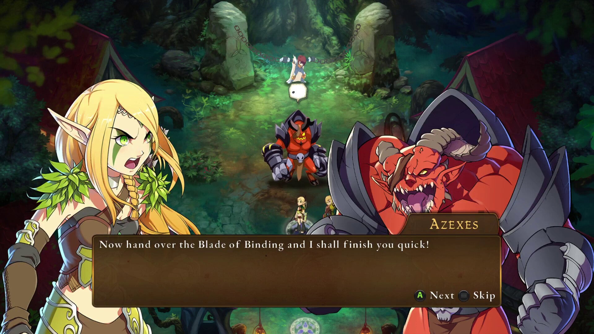 A dialogue screen in Clash of Heroes, the demon Azexes shouting: &ldquo;Now hand over the blade of binding and I shall finish you quick!"