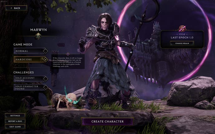 Last Epoch screenshot showing A woman with a pale, bony appearance and shabby clothing appears in the centre of the screen in the game's class selection menu. She is the character for the acolyte class.