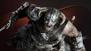 Skyrim's Dragonborn shouting in front of a violin.