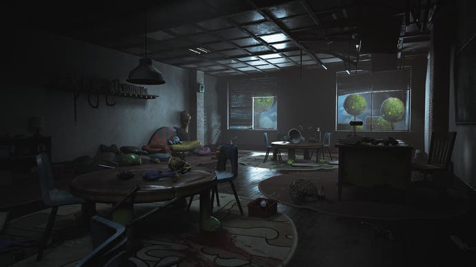 An eerily lit classroom littered with children's desks and toys in Poppy Playtime Chapter 3