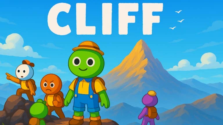 Cliff artwork showing characters climbing a mountain