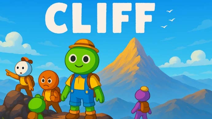 Cliff artwork showing characters climbing a mountain
