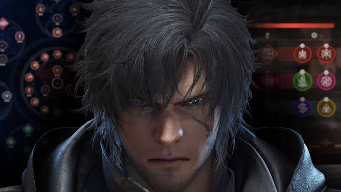 Final Fantasy 16’s Clive Rosfield looks angry between two background images of FF16’s systems