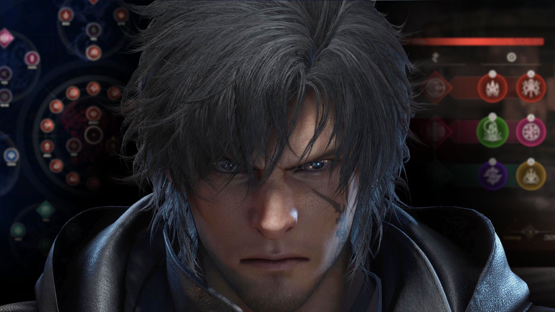 Final Fantasy 16's Clive Rosfield looks angry between two background images of FF16's systems - 1