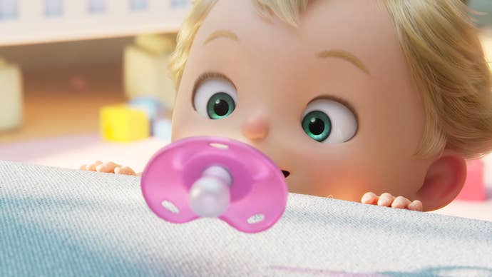 Baby reaches for dummy while something scurries under the bed in the background in Nintendo's Close To You animated short