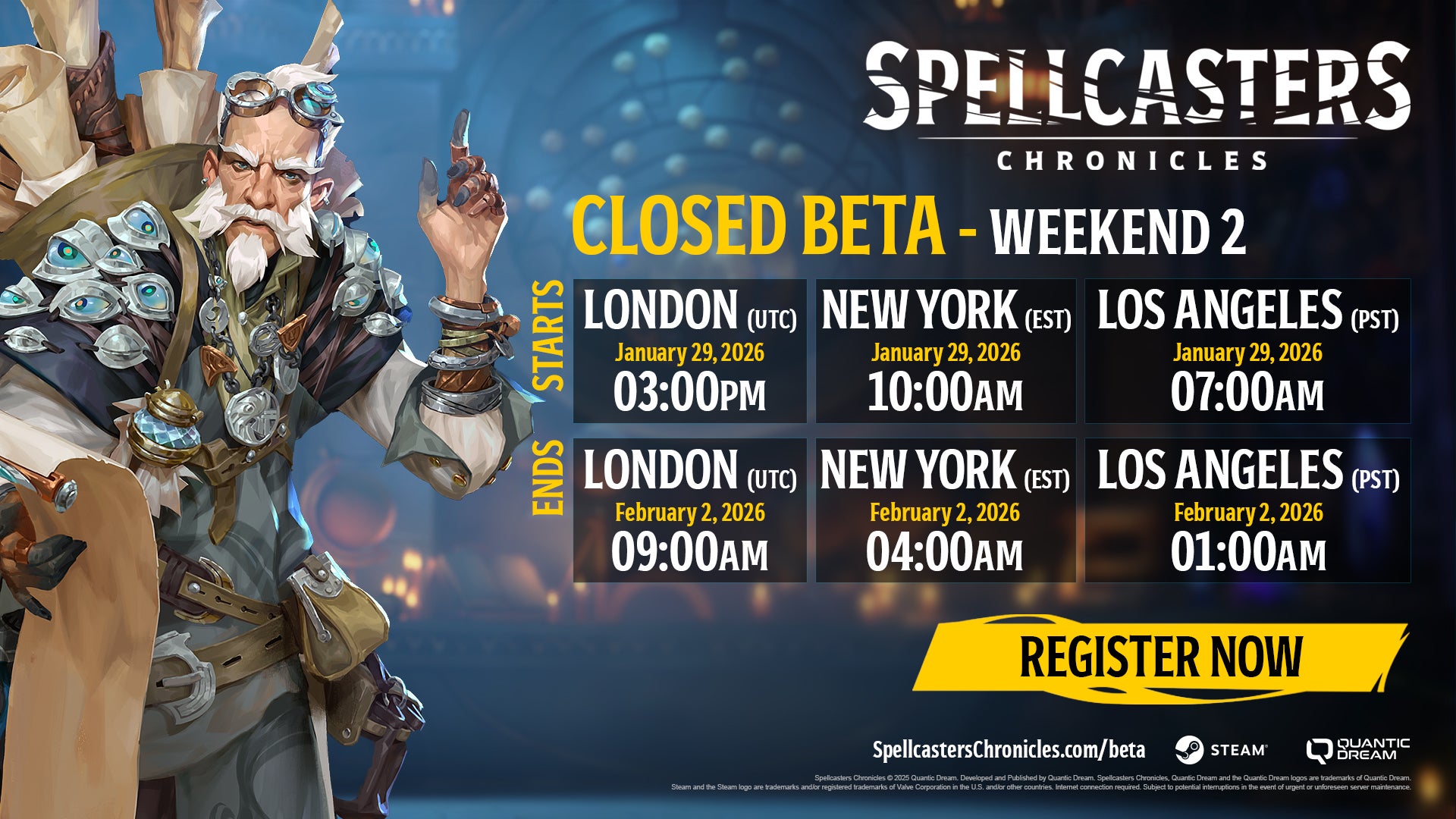 A graphic showing the start and end times for the second closed beta of the MOBA, Spellcasters Chronicles. - 4