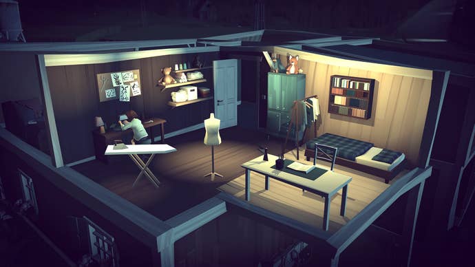 Conny works at her sewing machine in her bedroom at night in Closer the Distance