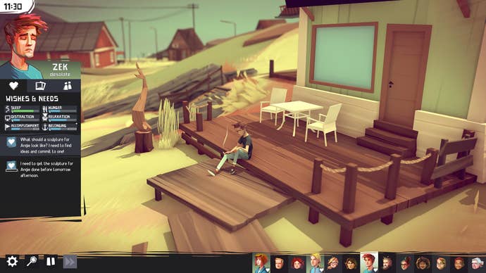 Zek can be seen sat smoking on his porch in Closer the Distance, his wishes and needs are displayed on the left-hand side of the screen