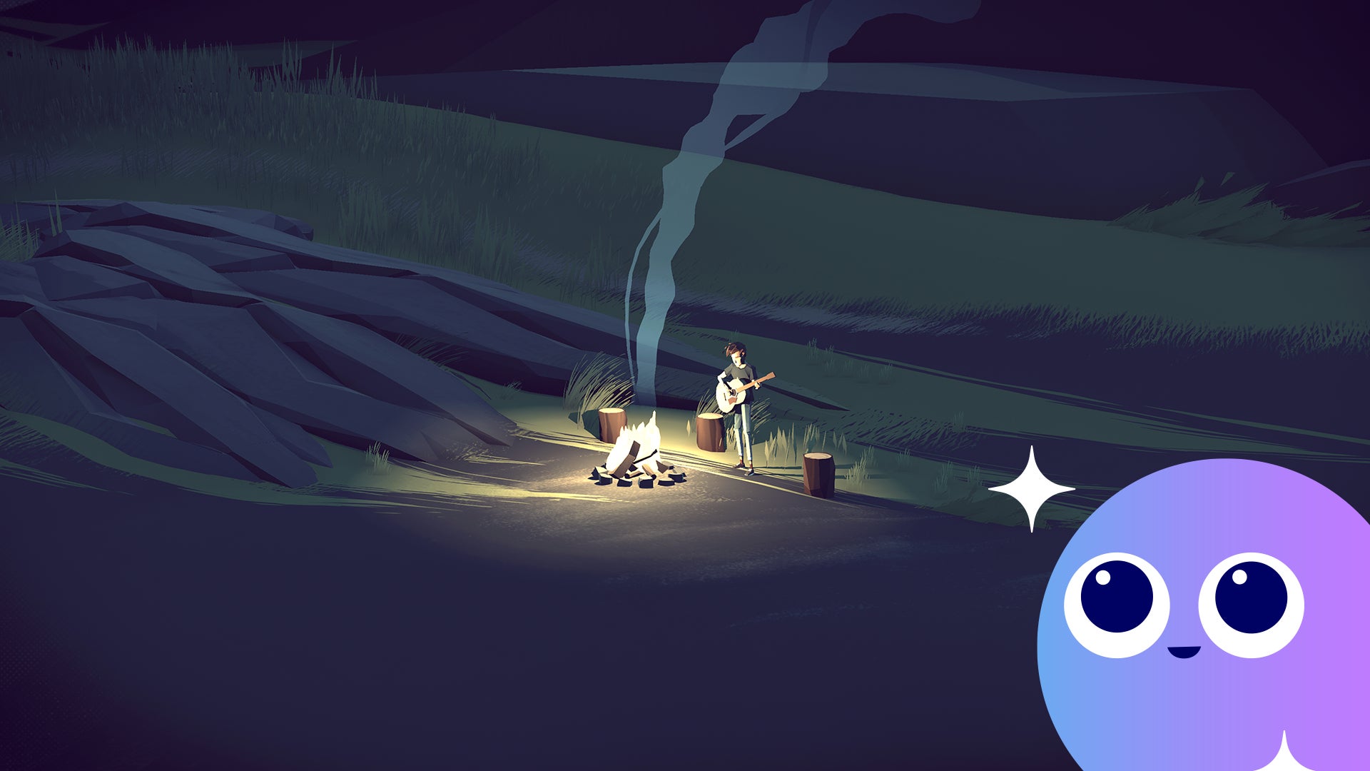 Zek plays guitar by a campfire at night in Closer the Distance - 9