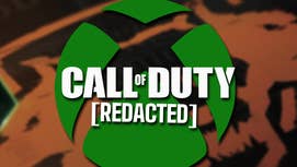 Da Call of Duty logo wit tha text [REDACTED] underneath it, up in front of tha Xbox logo, itself up in front of a orange wolf symbol.