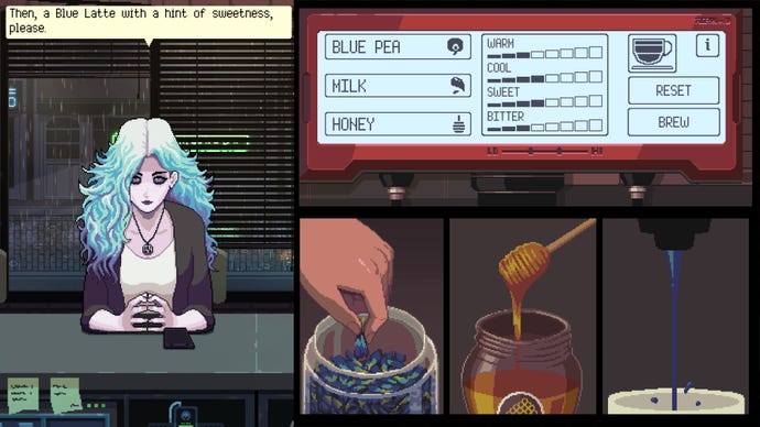 A blue-haired banshee orders a drink in Coffee Talk Episode 2: Hibiscus & Butterfly