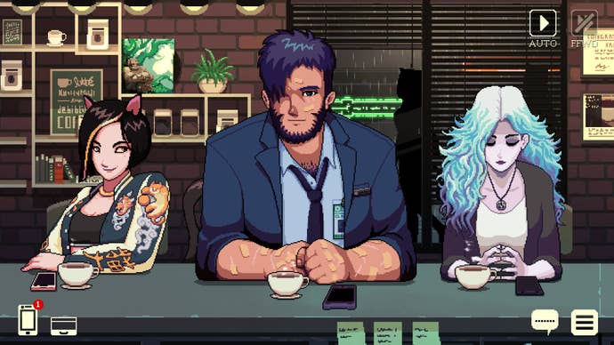 A cat girl, werewolf and a banshee chat in a cafe in Coffee Talk Episode 2: Hibiscus & Butterfly