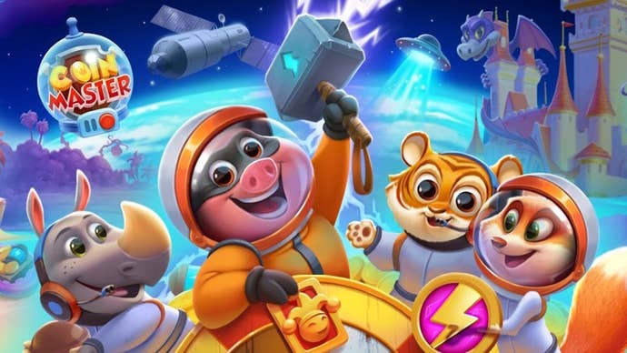 Coin Master’s Foxy, Tiger, Rhino, and the game’s main character in space.