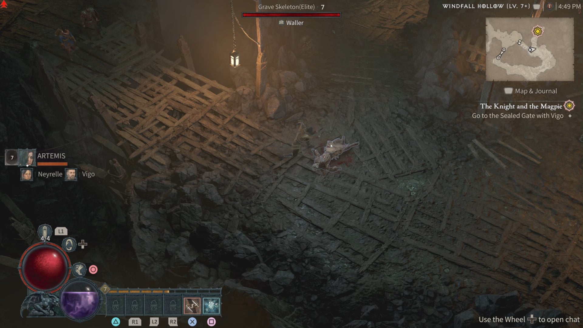 Inside a gloomy mine, with decaying wooden beams strewn around, and lanterns lighting the way.