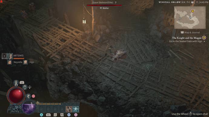 Inside a gloomy mine, with decaying wooden beams strewn around, and lanterns lighting the way.