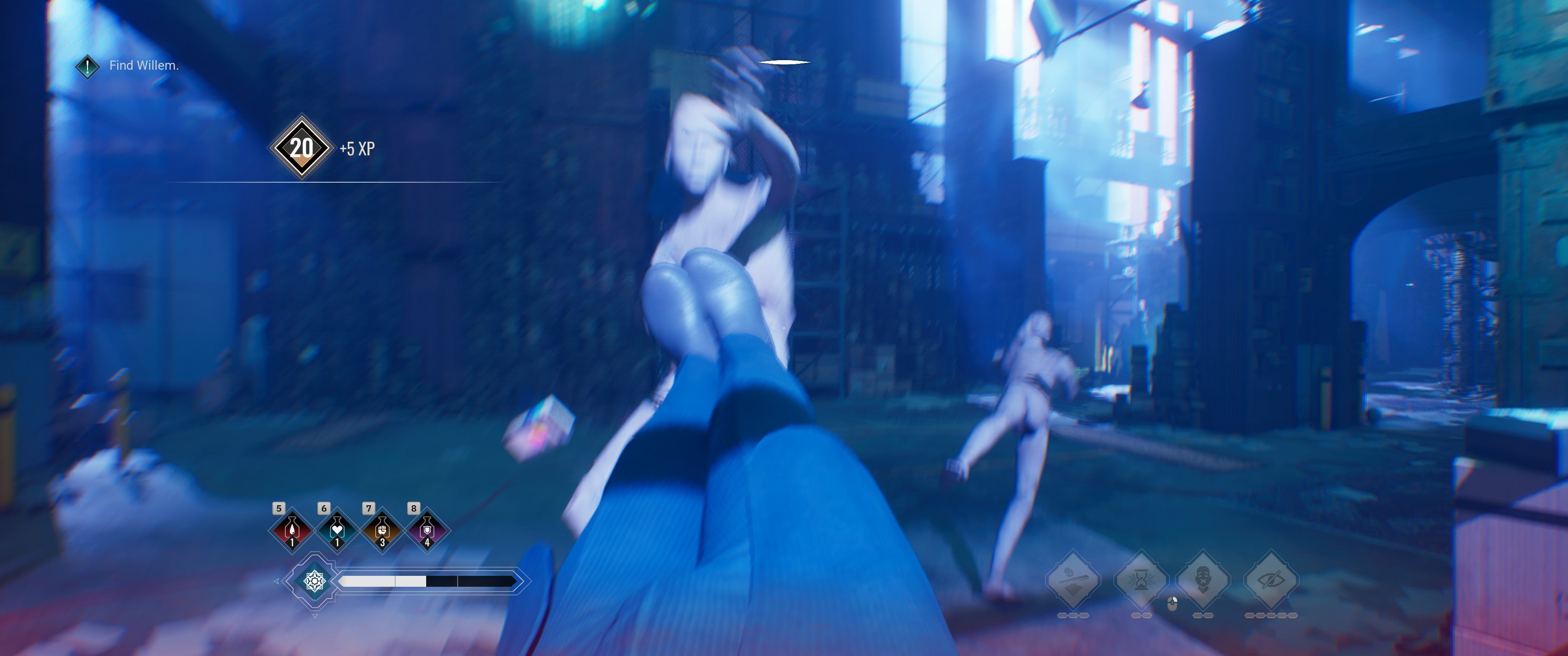 A fight in Vampire: The Masquerade - Bloodlines 2, with a figure in a blue dress lunging towards you. - 7