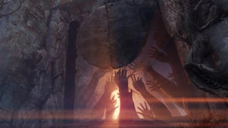 Destiny 2 screenshot showing a statue with stone hands reaching up to a large metal disc.