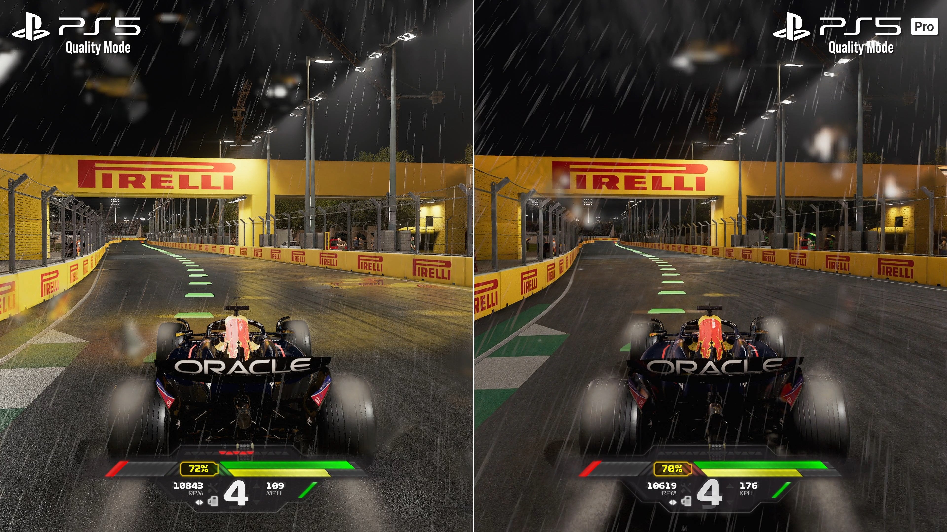 F1 24 on PS5 Pro's quality mode compared to the standard PS5 quality mode.