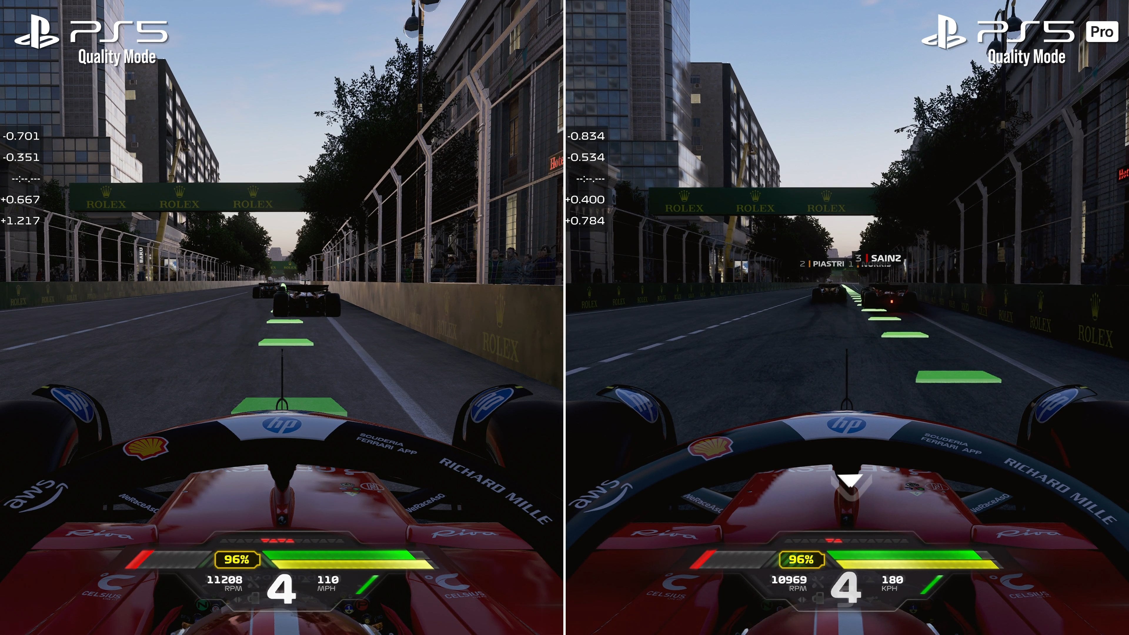 F1 24 on PS5 Pro's quality mode compared to the standard PS5 quality mode.