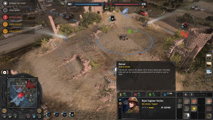 Company of Heroes 3 image showing an Engineer unit that’s nearly dead, with the retreat tooltip in the bottom-right.