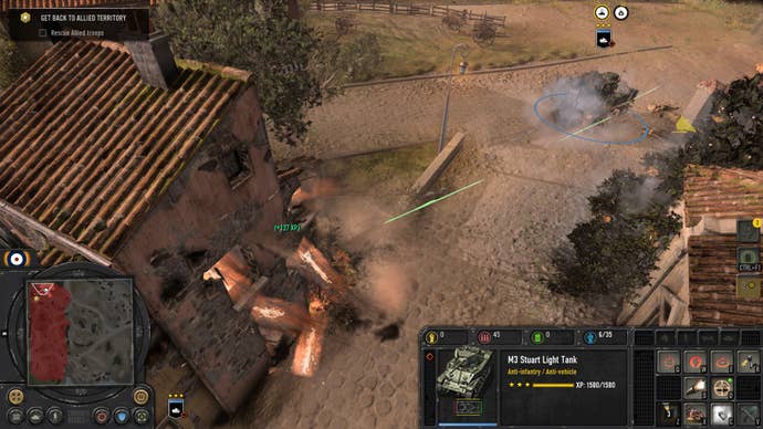 CoH 3 review - a tank shoots at a building causing a large explosion downstairs