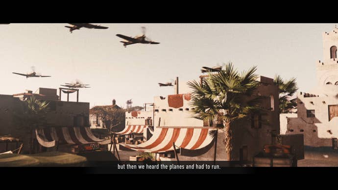 CoH 3 review - a cutscene from a local’s perspective showing planes over a North African village, with voicover saying ‘but then we heard the planes and had to run.'