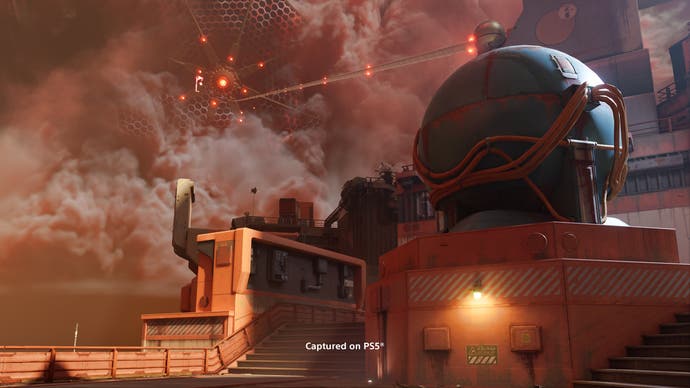 Official Concord screenshot showing the High Voltage map concept art - a large orb with industrial browns and a big smog cloud in the sky