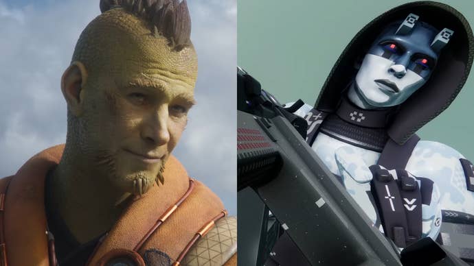 Double header image of green-skinned male character from Concord and hooded sci-fi character from Marathon