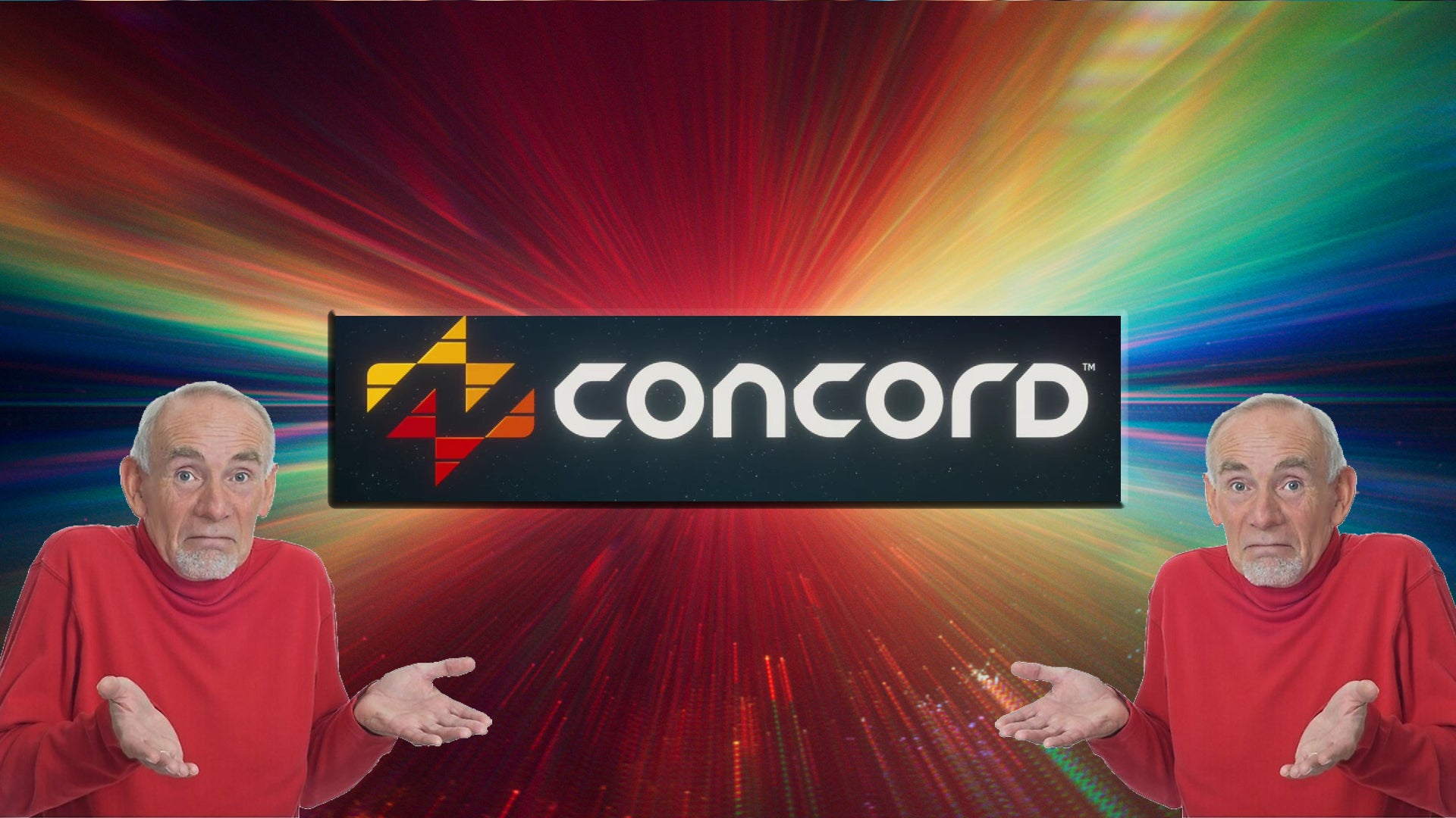 An image of space travel (starburst colour, stars blurred in a motion line) with the Concord logo in the middle - and two men shrugging their shoulders either side. - 1