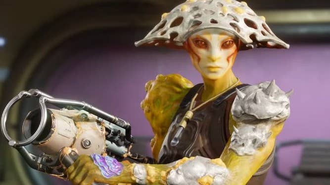 One of Concord’s freerunners, a yellow-skinned alien creature holding a gun