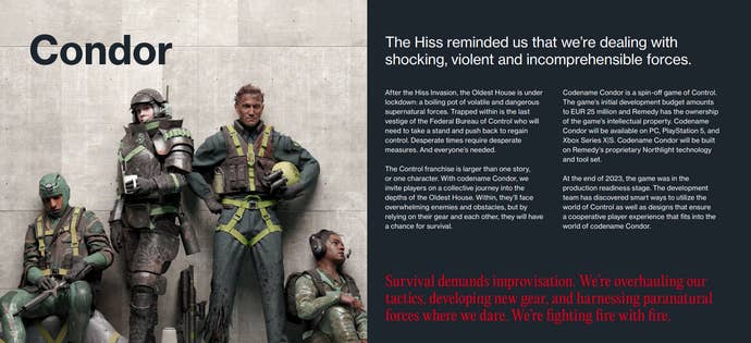 A slide from an investor report describing Remedy’s Condor, a new game based in the Control universe