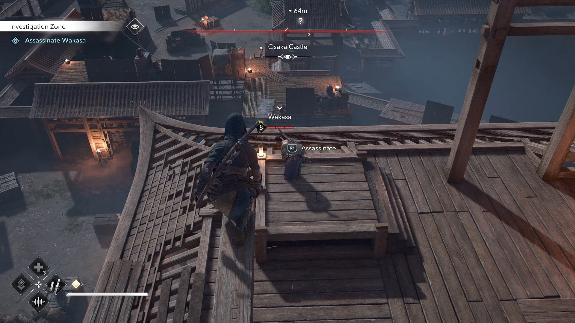 Naoe about to assassinate Wakasa at Osaka Castle in Assassin&rsquo;s Creed Shadows.