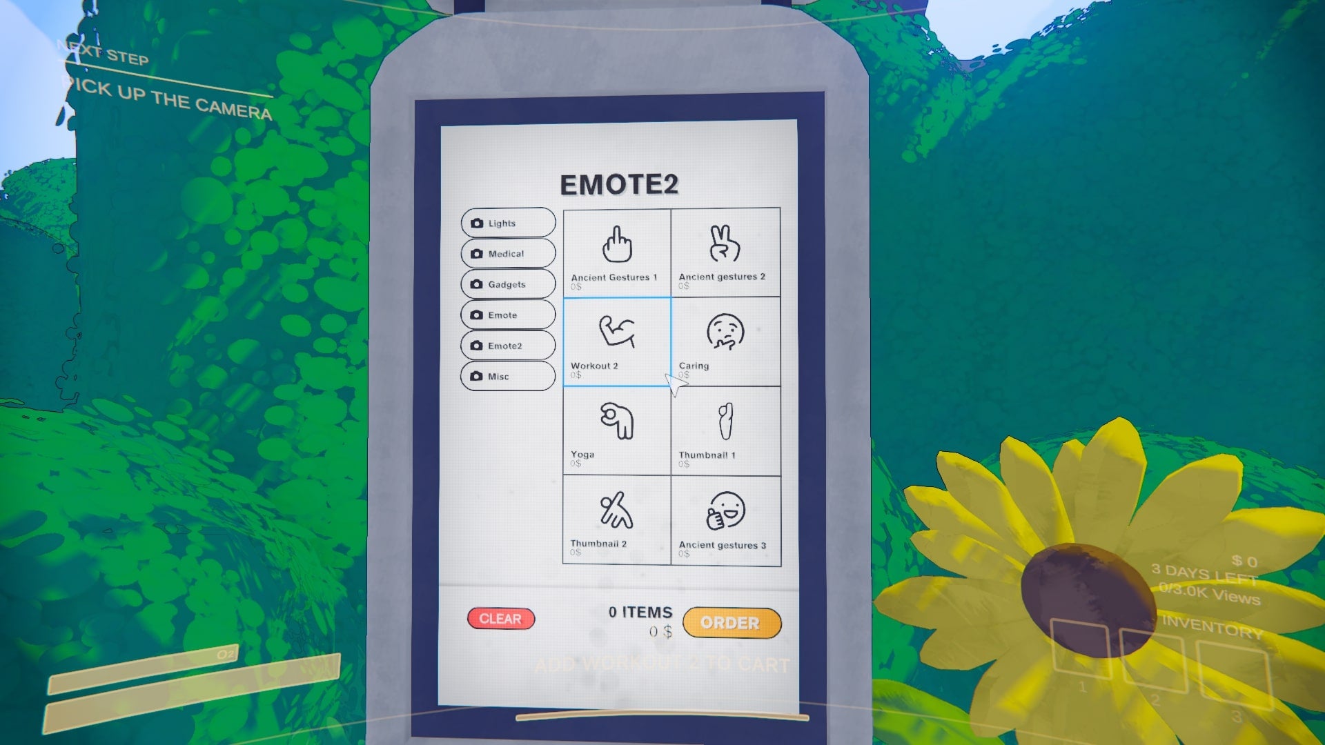 The player looks at the emotes category in the item shop in Content Warning, with all emotes being free - 4