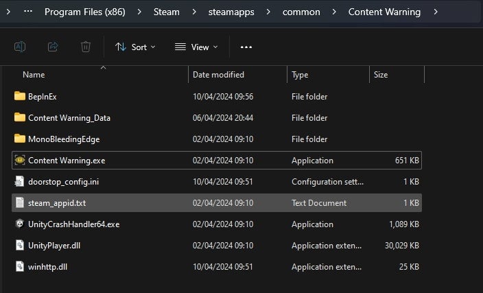 The modded game files for Content Warning are shown in Windows 11 - 6
