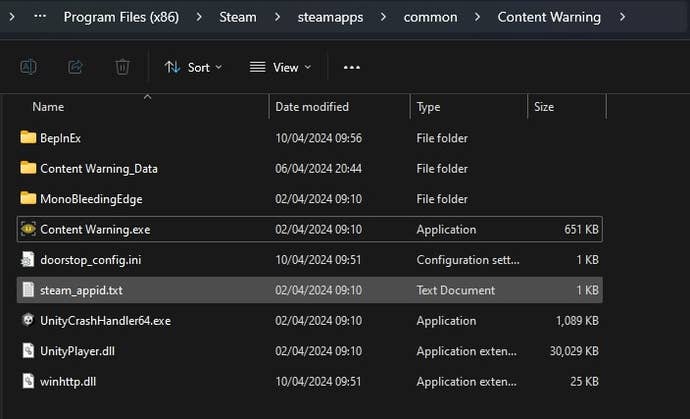 The modded game files for Content Warning are shown in Windows 11