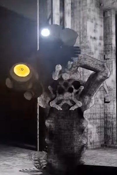 A Larva monster about to throw a held player in Content Warning.