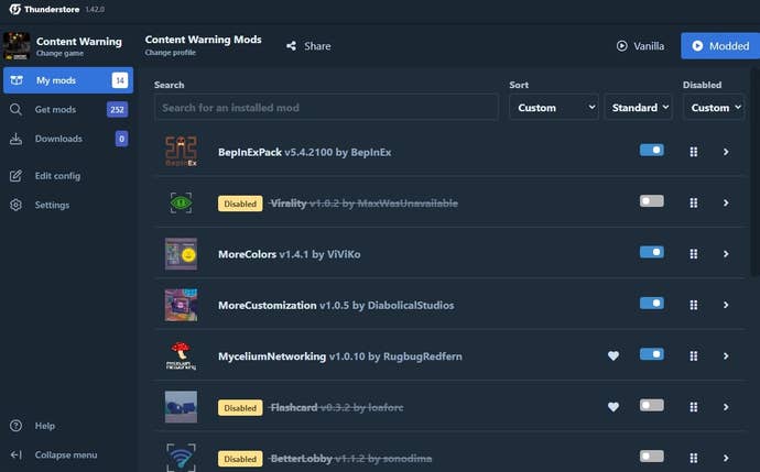 The mods for Content Warning are shown in Thunderstore's Mod Manager