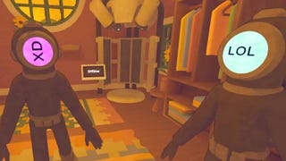 Two players inside the house in Content Warning with a pink helmet showing 'XD' text and light green helemt showing 'LOL' text.