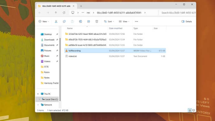 Pop up folder showing temporary saved recordings after pressing F3 in Content Warning.
