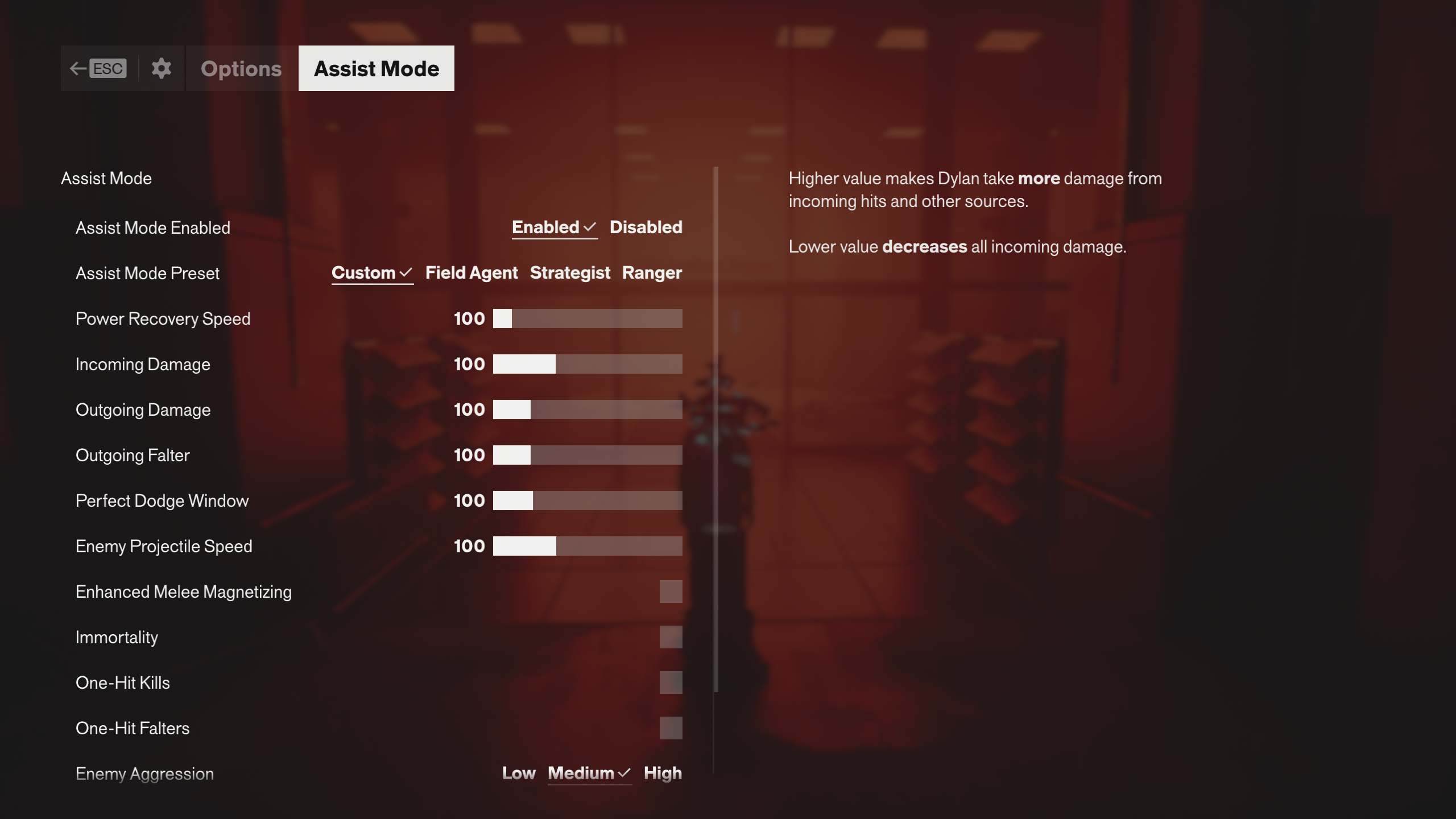The Assists menu in Control Resonant, with all its options for raising or lowering the difficulty of various combat mechanics.