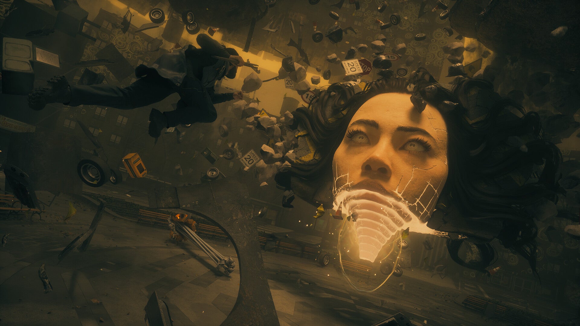 In Control Resonant, Dylan levitates, weapon in hand, towards a boss that resembles a giant woman's face surrounded by flying debris.