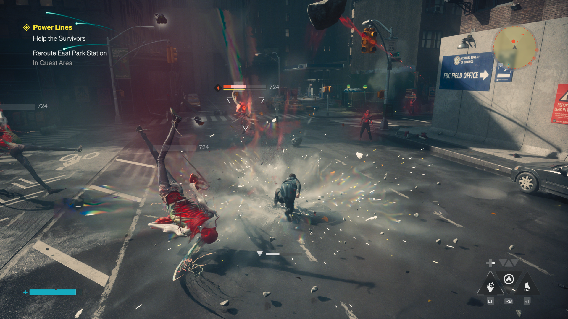 Dylan lands a ground slam attack, knocking Hiss enemies away, in Control Resonant.