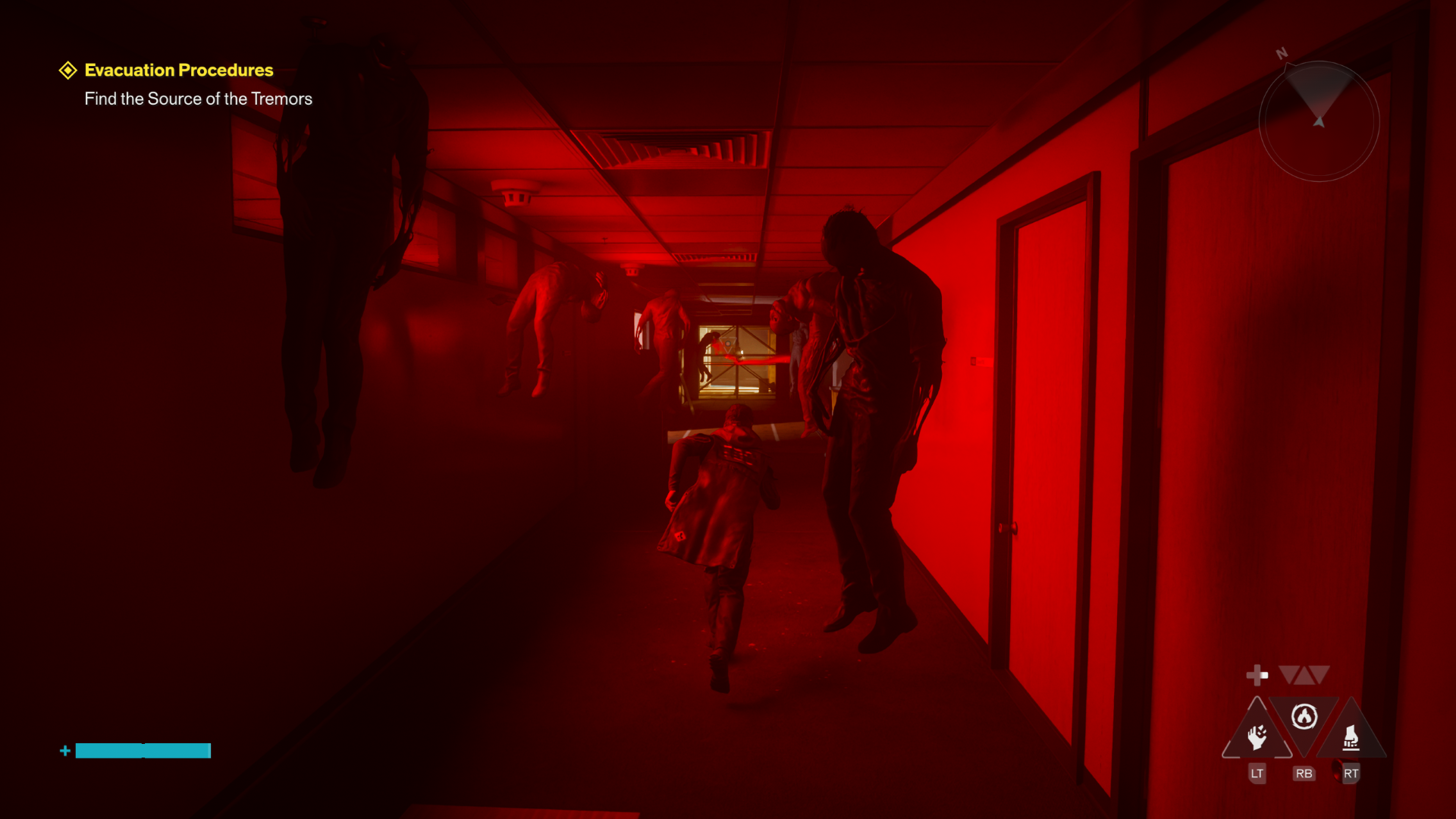 Dylan runs through a spooky red hallway filled with this Hiss' levitating victims in Control Resonant.