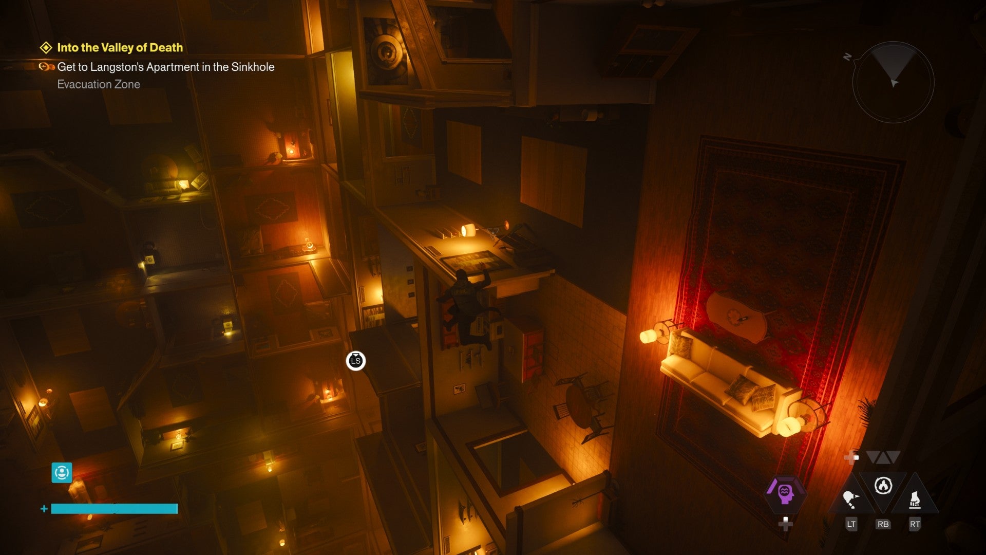 Dylan traverses a huge room made up of patterned New York apartment rooms in Control Resonant.